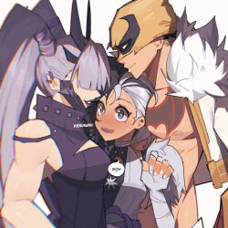 1girl 2girls arm_wrap blue_eyes blush bracelet breasts cleavage collar covered_eyes elbow_gloves gloves hair_over_eyes highres iron_fist_(marvel) jewelry lin_lie_(marvel) long_hair luna_snow magik_(punkchild)_(x-men) magik_(x-men) marvel marvel_rivals mask multiple_girls official_alternate_costume punk purple_hair short_hair smile spiked_bracelet spiked_collar spikes superhero_costume twintails wokiiarts x-men yellow_mask
