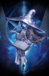 1girl absurdres blue_hat blue_skin book cape chinese_commentary colored_skin commentary commentary_request cracked_skin dated elden_ring english_commentary extra_arms extra_faces fur_cape hat highres holding holding_book invisible_chair mixed-language_commentary one_eye_closed open_book ranni_the_witch robe signature sitting solo two-sided_fabric two-sided_headwear white_hat white_robe yeeej