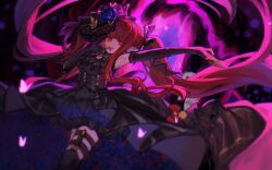 1girl :d arm_up baiye_renxing black_dress black_gloves black_hat black_thighhighs black_veil bug butterfly cowboy_shot dark_background dress dungeon_and_fighter elbow_gloves enchantress_(dungeon_and_fighter) female_mage_(dungeon_and_fighter) finger_to_mouth floating_hair gloves glowing_butterfly gothic_lolita hands_up hat highres insect legwear_garter lolita_fashion long_hair looking_at_viewer mini_hat mini_top_hat open_mouth pink_butterfly pointy_ears red_eyes red_hair short_dress sleeveless sleeveless_dress smile solo thighhighs top_hat twintails veil very_long_hair
