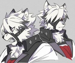 1boy angry animal_ear_fluff animal_ears black_collar black_hair body_fur close-up collar fangs from_side furry furry_male grey_background hair_between_eyes kuhu1212 looking_at_viewer male_focus multicolored_hair multiple_views muzzle_(mask) red_eyes sharp_teeth shirt simple_background teeth two-tone_hair vest von_lycaon white_fur white_hair white_shirt wolf_boy wolf_ears zenless_zone_zero
