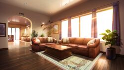 Rule 34 | carpet, ceiling light, couch, curtains, fern, glowing, highres, living room, no humans, non-web source, official art, our life, our life: beginnings and always, photo (object), pillow, plant, potted plant, scenery, sunset, table, tile floor, tiles, variant set, wall lamp, window light, wooden floor, wooden table