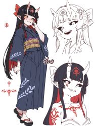 Rule 34 | absurdres, black hair, black nails, black sclera, bow, breasts, colored inner hair, colored sclera, fingernails, hair bow, highres, horns, japanese clothes, kimono, multicolored hair, negationtenmaru, nipples, obi, okobo, oni, original, platform sandals, print kimono, red hair, sandals, sash, sharp fingernails, sharp teeth, teeth, two-tone hair, yellow eyes