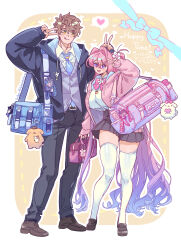 1boy 1girl blue_bag blue_jacket bow bowtie brown_eyes brown_hair brown_shoes degrees_of_lewdity dollyadayo english_text flower freckles hair_flower hair_ornament highres jacket loafers lya_(dollyadayo) macaroon_(sanrio) multicolored_hair necktie pink_bag pink_bow pink_bowtie pink_hair pink_jacket player_character_(degrees_of_lewdity) player_character_(female)_(degrees_of_lewdity) pompompurin ponytail purple_eyes robin_(degrees_of_lewdity) robin_(male)_(degrees_of_lewdity) sanrio school_uniform shoes thighhighs v white_thighhighs