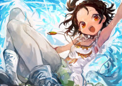 1girl absurdres arm_up black_hair commentary dress figure_skating_dress highres ice_skates kaamin_(mariarose753) looking_at_viewer medal medalist_(manga) open_mouth orange_eyes pantyhose simple_background skates sleeveless sleeveless_dress solo teeth upper_teeth_only white_dress white_pantyhose yuitsuka_inori