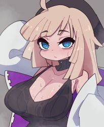 Rule 34 | 1girl, aa-12 (girls&#039; frontline), bags under eyes, blue eyes, blush, breasts, efnana, girls&#039; frontline, hat, highres, jacket, large breasts, looking at viewer, off shoulder, open clothes, open jacket, solo, sweat, upper body