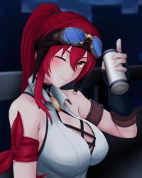 Rule 34 | 1girl, alcohol, bare shoulders, beer, beer can, blush, breasts, brown gloves, can, closed mouth, drink can, fingerless gloves, gloves, goggles, goggles on head, highres, holding, holding can, honkai (series), honkai impact 3rd, large breasts, murata himeko, murata himeko (arctic kriegsmesser), murata himeko (frisian cutlass), night, night sky, one eye closed, outdoors, red hair, shirt, sky, sleeveless, sleeveless shirt, smile, solo, sphere-stc, white shirt, yellow eyes