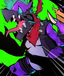 Rule 34 | bandana, bandana around neck, black vest, blue eyes, blue hair, colored skin, cropped vest, digimon, digimon liberator, dragon, green background, highres, mohawk, punkmon, purple skin, ridgeone, sharp teeth, solo, teeth, vest