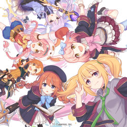 6+girls :d ahoge album_cover animal-themed_footwear animal_hat belt beret black_choker black_coat blonde_hair blue_bow blush bow bow_hairband bowtie bracelet braid braided_ponytail brown_eyes brown_hair button_eyes buttons capelet chieru_(princess_connect!) chloe_(princess_connect!) choker closed_mouth coat collared_shirt commentary_request company_name copyright_logo cover cygames elf english_text fishnets flower friendship_club_(princess_connect!) frills fur-trimmed_capelet fur_trim gloves green_necktie hair_bow hair_flower hair_ornament hair_ribbon hairband hat highres holding hood hood_down hooded_coat jewelry key kyoka_(princess_connect!) leotard little_lyrical logo long_hair mimi_(princess_connect!) misogi_(princess_connect!) mittens multiple_girls necktie official_art open_mouth orange_hair orange_leotard pink_capelet pink_hair plaid_clothes plaid_skirt pleated_skirt pointy_ears princess_connect! purple_eyes purple_hair rabbit_hair_ornament rabbit_hat red_mittens ribbed_leotard ribbon school_uniform shirt short_hair shorts skirt smile st._theresa&#039;s_girls_academy_school_uniform star_(symbol) star_hair_ornament star_in_eye sweatdrop symbol_in_eye twin_braids twintails white_background white_flower wide_sleeves yellow_eyes yuni_(princess_connect!)