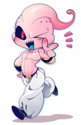 1boy antennae aqua_tongue black_bracer black_sclera black_shoes blush bracer collarbone colored_extremities colored_sclera colored_skin commentary dragon_ball dragonball_z full_body gold_buckle gold_trim hand_on_own_hip hole_on_body kid_buu looking_at_viewer majin_buu male_focus no_eyebrows notice_lines one_eye_closed open_mouth pants peace pectorals pink_skin red_eyes sharp_teeth shiny_skin shirtless_male shoes simple_background smile solo teeth topless_male upper_teeth_only v walking white_background white_pants wink