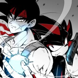Rule 34 | 2boys, aura, bandana, bardock, black fur, black hair, body fur, commentary request, crossover, dragon ball, dragonball z, energy ball, gradient background, grey background, gun, highres, holding, holding gun, holding weapon, ireba sui, male focus, multicolored fur, multiple boys, muscular, muscular male, partially colored, red bandana, red fur, saiyan armor, scar, scar on face, shadow the hedgehog, simple background, sonic (series), upper body, weapon