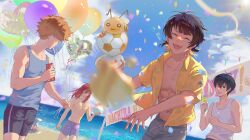 Rule 34 | 4boys, alternate costume, bachira meguru, ball, balloon, beach, blue lock, blue sky, blue tank top, character name, chigiri hyoma, cloud, collared shirt, commentary request, heart balloon, highres, isagi yoichi, kunigami rensuke, lenalu0904, long hair, looking at another, looking back, male focus, multiple boys, ocean, open clothes, open shirt, orange hair, red eyes, red hair, shirt, shorts, sky, smile, soccer ball, standing, tank top, topless male, white tank top