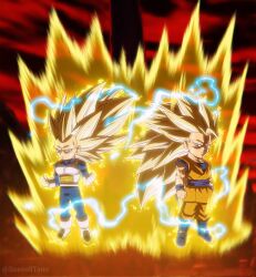 2boys armor aura blue_bodysuit blue_boots blue_sash blue_shirt blue_wrist_cuffs bodysuit boots chibi clenched_hands commission dougi dragon_ball dragon_ball_daima electricity floating full_body gloves green_eyes highres long_hair male_focus merik_(merimo) midair multiple_boys muscular muscular_male no_eyebrows orange_pants orange_tunic pants saiyan_armor sash shirt son_goku spiked_hair super_saiyan super_saiyan_3 trait_connection tunic vegeta white_armor white_boots white_gloves wrist_cuffs