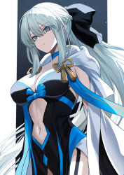 1girl black_bow black_dress blue_eyes bow braid breasts cleavage clothing_cutout dress fate/grand_order fate_(series) grey_hair hair_bow highres large_breasts long_hair long_sleeves looking_at_viewer morgan_le_fay_(fate) navel neko_daruma pelvic_curtain ponytail sidelocks solo stomach_cutout two-tone_dress very_long_hair white_dress wide_sleeves