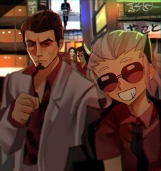 black_hair black_horns black_jacket city eyepatch hair_bun helltaker helltaker_(character) highres horns jacket justice_(helltaker) kiryu_kazuma looking_at_another looking_at_viewer majima_goro mykokampfwagen open_clothes open_jacket outdoors red_shirt ryuu_ga_gotoku_(series) shirt smile sunglasses sweatdrop teeth white_hair white_jacket