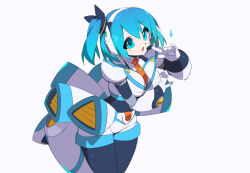 Rule 34 | 1girl, blue eyes, blue hair, commentary request, cowboy shot, heart, kaidou zx, mega man (series), mega man x (series), mega man x dive, rico (mega man), robot girl, shorts, side ponytail, simple background, skirt, solo, white background, white shorts, white skirt