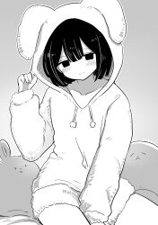 1boy animal_hood blank_speech_bubble blush collarbone crossdressing double-parted_bangs fur-trimmed_sleeves fur_trim greyscale hair_between_eyes highres hood hoodie looking_at_viewer male_focus monochrome original outline rabbit_hood short_hair sitting sleeves_past_wrists smile solo speech_bubble split_mouth straight_hair stuffed_animal stuffed_toy trap vae
