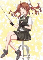 1girl absurdres bike_shorts black_gloves black_shorts black_skirt black_vest blush brown_hair buttons chair closed_eyes collared_shirt fingerless_gloves gloves hair_ribbon highres kagerou_(kancolle) kagerou_kai_ni_(kancolle) kanmiya_shinobu kantai_collection long_hair open_mouth pleated_skirt ribbon rudder_footwear shirt short_sleeves shorts sitting skirt smile solo twintails vest white_ribbon white_shirt