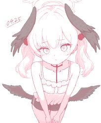 1girl black_shorts blue_archive body_markings camisole chobiii7 cowboy_shot dated flat_chest halo head_wings highres koharu_(blue_archive) light_blush light_frown loli looking_at_viewer low_twintails low_wings medium_hair multiple_wings pixel_art rns short_shorts shorts simple_background solo spot_color twintails white_background winged_halo wings