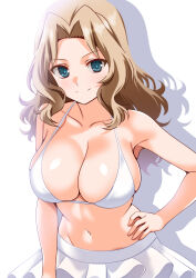 1girl bikini blonde_hair blue_eyes breasts cleavage closed_mouth collarbone commission engo_(aquawatery) girls_und_panzer hair_intakes highres kay_(girls_und_panzer) large_breasts long_hair looking_at_viewer miniskirt navel pixiv_commission simple_background skirt smile solo stomach strap_gap swimsuit white_background white_bikini white_skirt