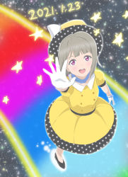 1girl absurdres artist_name artist_request bare_legs black_footwear blue_bow blue_choker blush bow bow_gloves breasts brown_hair buttons choker collarbone collared_shirt female_focus gloves grey_hair hand_wave hat hat_bow high_heels highres light_brown_hair looking_at_viewer love_live! love_live!_nijigasaki_high_school_idol_club love_live!_school_idol_festival nakasu_kasumi parted_lips polka_dot polka_dot_headwear polka_dot_skirt poppin&#039;_up!_(love_live!) puffy_short_sleeves puffy_sleeves purple_eyes rainbow rainbow_road red_eyes rinhonoo shirt short_hair short_sleeves skirt small_breasts smile solo star_(sky) white_bow white_gloves yellow_hat yellow_shirt yellow_skirt