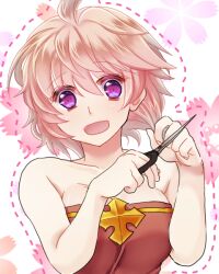 1girl arch_bishop_(ragnarok_online) blush breasts cleavage commentary_request cross dress holding holding_scissors looking_at_viewer medium_breasts open_mouth pink_hair purple_eyes ragnarok_online red_dress sasamuke_pika scissors short_hair solo strapless strapless_dress upper_body
