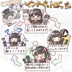 &gt;_&lt; 1girl ? ^_^ apron arrow_(symbol) black_apron black_hair black_hat black_jacket blank_speech_bubble blush bow brown_eyes closed_eyes closed_mouth collared_shirt comedic_sweatdrop controller fake_facial_hair fake_mustache game_controller hair_bow hat highres holding holding_stylus index_finger_raised jacket mortarboard open_clothes open_jacket open_mouth original people pink_bow pink_shirt shirt silhouette speech_bubble stylus sweatdrop tears translation_request twintails unadon_(unadoom) wide-eyed