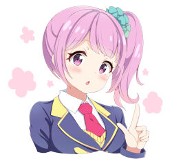 Rule 34 | 1girl, :o, aged up, anime coloring, aqua scrunchie, ben awa, blazer, blue jacket, blush, breasts, collared shirt, cropped torso, flower symbol, hand up, highres, index finger raised, jacket, l hand, long sleeves, looking at viewer, manaka non, medium breasts, necktie, open mouth, pink hair, pink necktie, purple eyes, school uniform, scrunchie, shirt, side ponytail, simple background, solo, sweater vest, upper body, white background, wing collar, yellow sweater vest, yellow trim