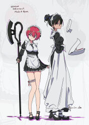 2girls amate_yuzuriha apron artist_name axe black_dress black_hair character_name commentary_request copyright_name dress frilled_apron frilled_dress frilled_garter frilled_headwear frills full_body garter_belt gundam gundam_gquuuuuux hair_bun hasu_175 high_heels highres holding holding_axe looking_at_viewer maid maid_apron maid_headdress multiple_girls nyaan_(gundam_gquuuuuux) red_eyes red_hair short_hair standing twitter_username white_apron white_headdress zoom_layer