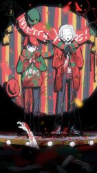 2boys absurdres aotsuki_eito balloon black_gloves black_pants black_shoes blood blood_on_clothes blood_on_face blood_on_hands blood_splatter bloody_knife blue_eyes chinese_commentary christmas_sweater coat facing_viewer glasses gloves green_scarf green_sweater grey_hair highres holding holding_knife holding_microphone kardo-q knife looking_at_viewer male_focus merry_christmas microphone multicolored_hair multiple_boys music pants pile_of_corpses red_coat red_hair red_scarf scarf shared_clothes shared_scarf shirt shoes short_hair singing spoilers standing streaked_hair striped_clothes striped_scarf sumino_takumi sweater the_hundred_line_-last_defense_academy- white_shirt white_shoes