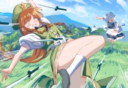 Rule 34 | 2girls, apron, ass, black dress, black footwear, braid, clenched teeth, dress, green eyes, green headwear, green skirt, green vest, grey hair, hat, hat ornament, highres, hong meiling, izayoi sakuya, knife, long hair, maid, maid apron, maid headdress, multiple girls, puffy short sleeves, puffy sleeves, red hair, shirt, shoes, short sleeves, skirt, socks, star (symbol), star hat ornament, teeth, touhou, touhou lost branch of legend, tuck (tuck23978434), twin braids, vest, white apron, white shirt, white socks