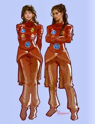 2girls blue_background blue_eyes blush brown_eyes charles_leclerc cornrows cross cross_earrings crossed_arms dark-skinned_female dark_skin earrings face_piercing ferrari formula_one genderswap genderswap_(mtf) hair_behind_ear highres jewelry jumpsuit lewis_hamilton long_hair long_sleeves looking_at_viewer multiple_girls nose_piercing piercing real_life red_jumpsuit red_shirt rye_(anatisui) shell_(company) shirt simple_background