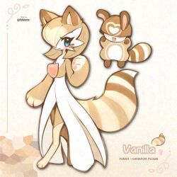 animal_ears artist_name blue_eyes brown_fur brown_hair character_name colored_skin dress furret furry fusion gardevoir gen_2_pokemon gen_3_pokemon highres nintendo pawpads pokemon pokemon_(creature) ralts rekiowa sentret striped_tail tail white_dress white_skin