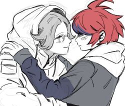2boys ahoge aotsuki_eito blue_hair blue_jacket closed_eyes closed_mouth frown glasses grey_hair grey_jacket hands_on_another&#039;s_shoulders hood hood_up hoodie jacket long_sleeves male_focus messy_hair multicolored_hair multicolored_jacket multiple_boys red_hair smile sumino_takumi the_hundred_line_-last_defense_academy- white_hoodie white_jacket