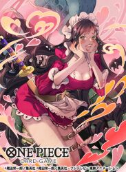 Rule 34 | 1girl, apron, baby 5, belt, black hair, blush, commentary request, copyright name, dress, drill hair, hands on own cheeks, hands on own face, heart, long hair, maid apron, maid headdress, nanahara shie, official art, one piece, one piece card game, open mouth, purple dress, solo, sword, thigh belt, thigh strap, very long hair, weapon