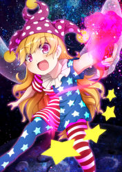1girl american_flag_dress american_flag_legwear blonde_hair blush clownpiece fairy_wings female_focus hat highres jester_cap long_hair looking_at_viewer open_mouth outstretched_arms pantyhose print_pantyhose purple_eyes ryuu_(multitask) short_sleeves smile solo star_(symbol) striped_clothes striped_pantyhose touhou wings