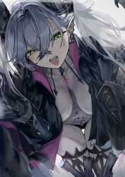 1girl black_hands black_jacket black_panties body_markings boots breasts colored_extremities fangs fate/grand_order fate_(series) green_eyes horns jacket leaning_forward lilith_(fate) lilith_(second_ascension)_(fate) long_hair looking_at_viewer navel open_mouth panties pointy_ears pubic_tattoo smile solo tattoo thigh_boots twintails underwear walzrj white_hair