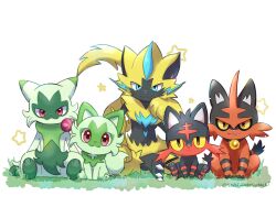 :&lt; :3 artist_name blue_eyes cat cat_day closed_mouth colored_sclera commentary_request creatures_(company) fang fang_out floragato game_freak gen_7_pokemon grass hand_up highres legendary_pokemon litten looking_at_viewer mythical_pokemon nintendo no_humans pawpads pokemon pokemon_(creature) red_eyes saki_pokeoekaki simple_background sitting smile sprigatito star_(symbol) torracat twitter_username v-shaped_eyebrows white_background yellow_sclera zeraora
