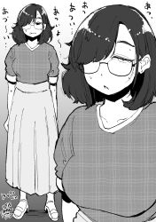Rule 34 | 1girl, absurdres, arms at sides, dated, glasses, greyscale, hadashi no kenji, hair over one eye, highres, jimiko, long skirt, looking at viewer, medium hair, monochrome, multiple views, original, shirt, shoes, short sleeves, skirt, sweat