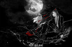 2boys black_eyes black_hair black_hanfu chinese_clothes closed_mouth dizi faux_traditional_media floating_hair flute flute_tassel full_moon greyscale guqin hair_ribbon hanfu high_ponytail holding holding_instrument ink_wash_painting instrument kcllzas163 knee_up lan_wangji light_particles long_hair long_sleeves looking_to_the_side male_focus modao_zushi monochrome moon multiple_boys night night_sky on_rooftop ponytail profile red_ribbon ribbon robe rooftop sitting sky smoke solo_focus spot_color standing star_(sky) starry_sky tassel third-party_source transverse_flute watermark wei_wuxian weibo_watermark white_hanfu wide_sleeves wind