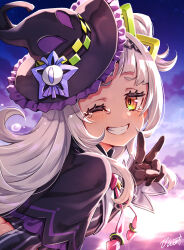 1girl ;d arched_bangs black_capelet black_gloves black_hat black_jacket bow bowtie buru-dai capelet cloud commentary_request cone_hair_bun cropped_jacket flying_teardrops from_side gloves grey_hair hair_bun hairband hand_up hat hexagram_hair_ornament hololive jacket long_hair long_sleeves looking_at_viewer murasaki_shion murasaki_shion_(1st_costume) one_eye_closed open_mouth outdoors pink_bow pink_bowtie pinstripe_jacket pinstripe_pattern purple_capelet short_eyebrows side_up_bun sidelocks single_side_bun sky smile solo tilted_headwear upper_body v virtual_youtuber witch_hat yellow_eyes