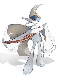 alternate_color arm_blade blue_skin cape colored_skin gallade game_freak gen_4_pokemon glowing glowing_eyes hair_over_one_eye highres kanami_(bprod) mega_gallade mega_pokemon nintendo pokemon pokemon_(creature) red_eyes shiny_pokemon signature simple_background weapon white_background white_cape white_skin