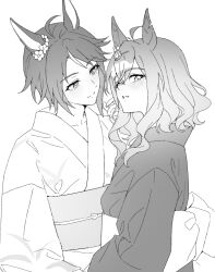 Rule 34 | 2girls, ahoge, animal ears, blush, closed mouth, fuji kiseki (umamusume), greyscale, hair ornament, hairclip, hand in another&#039;s hair, horse ears, japanese clothes, jungle pocket (umamusume), kimono, long sleeves, looking at another, looking at viewer, medium hair, monochrome, multiple girls, notched ear, obi, parted lips, sash, short hair, smile, umamusume, upper body, yukata, yuri, zn242878163