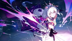 1girl ;) artist_name black_gloves black_tiara breasts castorice_(honkai:_star_rail) commentary_request dress finger_gun flower flower_ornament gloves hair_flower hair_ornament highres honkai:_star_rail honkai_(series) long_hair one_eye_closed panties purple_eyes purple_hair smile solo tiara underwear white_dress white_panties zhaohua