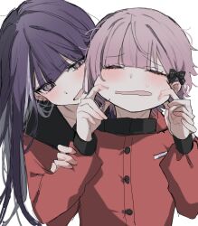 1boy 1girl black_bow black_sailor_collar blunt_bangs blush bow brother_and_sister cheek_pinching closed_eyes ear_piercing genderswap genderswap_(ftm) genderswap_(mtf) hair_bow hands_on_another&#039;s_cheeks hands_on_another&#039;s_face highres jacket long_hair long_sleeves noa_1042 open_mouth piercing pinching pink_hair purple_hair red_jacket sailor_collar school_uniform siblings simple_background sweat the_hundred_line_-last_defense_academy- tsukumo_ima tsukumo_kako upper_body white_background