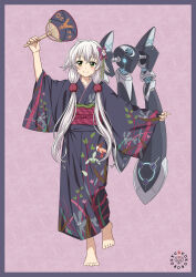 1girl absurdres altina_orion artist_logo barefoot claiomh_solais_(kiseki) commentary crossed_bangs double-parted_bangs eiyuu_densetsu english_commentary full_body green_eyes hair_between_eyes hand_fan highres holding holding_fan japanese_clothes kimono kokororokku logo long_hair looking_at_viewer paper_fan pink_background print_kimono sen_no_kiseki_(series) simple_background smile solo twintails white_hair