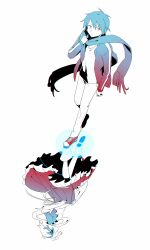 Rule 34 | 1boy, 1girl, aaniko, apron, blue theme, boots, bow, commentary request, dress, frilled apron, frilled dress, frills, full body, hair bow, highres, jacket, kagerou project, kisaragi shintarou, kozakura marry, monochrome, pants, red theme, scarf, shirt, shoes, short hair with long locks, simple background, sneakers, track jacket, upside-down, white background