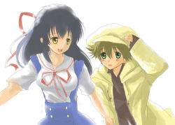 Rule 34 | 00s, bad id, bad pixiv id, beret, blonde hair, blue hair, newsboy cap, clannad, endou soruto, green eyes, holding hands, hat, long hair, sagara misae, school uniform, shima katsuki, short hair, yellow eyes