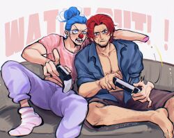 Rule 34 | 2boys, amputee, barefoot, blue shirt, blush, brown shorts, buggy the clown, closed mouth, clown nose, commentary, controller, english commentary, english text, eyelashes, facial hair, game controller, goatee stubble, hair bun, highres, holding, holding controller, holding game controller, leg hair, looking at viewer, male focus, multiple boys, one piece, open mouth, pants, pectorals, pink shirt, playing games, playstation controller, pointing, purple pants, red hair, scar, scar across eye, scar on face, shanks (one piece), shirt, short hair, short sleeves, shorts, socks, striped clothes, striped socks, stubble, sweatdrop, vamos mk