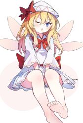 1girl ;i ar_(maeus) bare_legs barefoot blonde_hair blue_eyes bow commentary dress fairy_wings feet full_body hat hat_bow highres lily_white long_hair long_sleeves looking_at_viewer one_eye_closed red_bow solo symbol-only_commentary touhou twitter_username upskirt v-shaped_eyebrows white_background white_dress white_hat wide_sleeves wings
