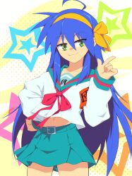 1girl :3 absurdres ahoge blue_hair commentary cosplay english_commentary goodboideogie green_eyes highres izumi_konata kita_high_school_uniform long_hair lucky_star mole mole_under_eye neckerchief red_ribbon ribbon sailor_collar school_uniform serafuku solo star_(symbol) suzumiya_haruhi suzumiya_haruhi_(cosplay) suzumiya_haruhi_no_yuuutsu
